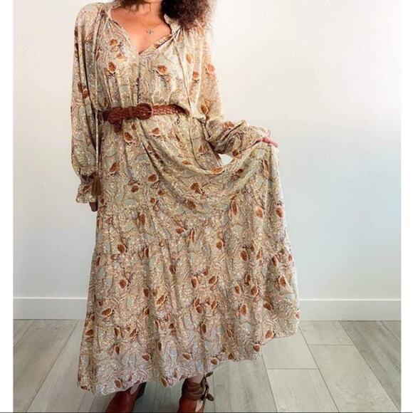 Aura Falling Foliage Brown Floral Paisley Long Sleeve Tiered Peasant Maxi Dress - Picture 1 of 12